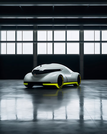 3D rendering of a brand-less generic concept car in a warehouse ai generatedの素材