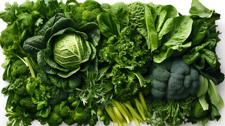 Variety of fresh green vegetables, top view, Healthy food background ai generatedの素材