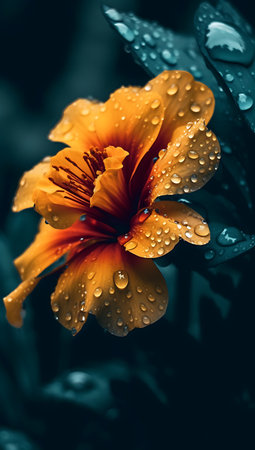 Yellow hibiscus flower with raindrops on the petals ai generatedの素材
