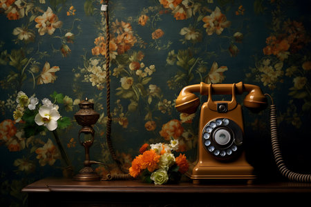 Vintage telephone and flowers on a dark background. Retro style ai generatedの素材