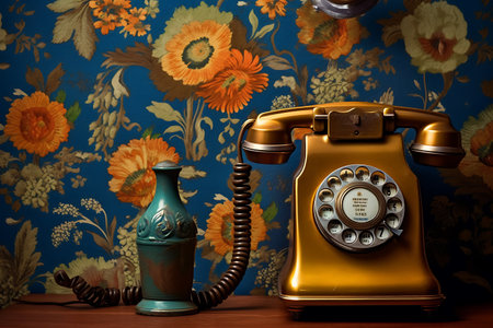 Retro telephone on the background of a floral wallpaper ai generatedの素材