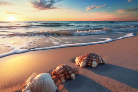 Seashells on the beach, beautiful seascape ai generatedの素材