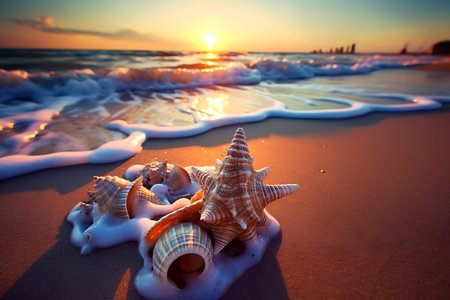 Seashells on the beach at sunset, Nature composition ai generatedの素材