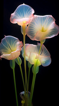 Beautiful calla lily flowers isolated on black background, close up ai generatedの素材