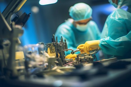 Spinal surgery, Group of surgeons in operating room with surgery equipment ai generatedの素材