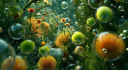3d illustration of a beautiful nature scene with flowers and water bubbles ai generatedの素材