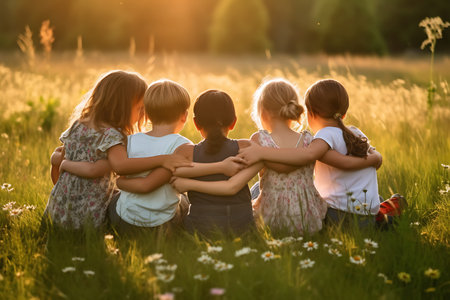 Group of kids standing in a meadow and hugging each other ai generatedの素材
