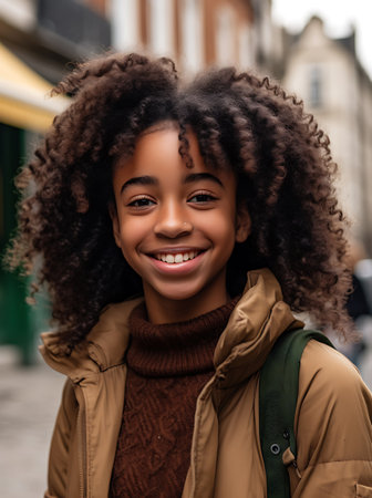 A beautiful african american girl smiling and looking at camera on street ai generatedの素材