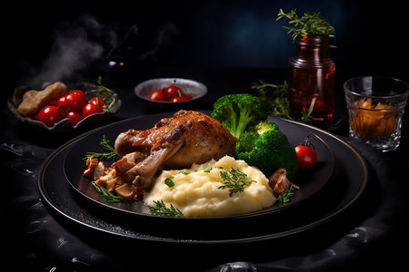 Roast chicken with mashed potatoes and vegetables on a black background ai generatedの素材