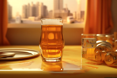 Glass of beer on the table in a restaurant ai generatedの素材