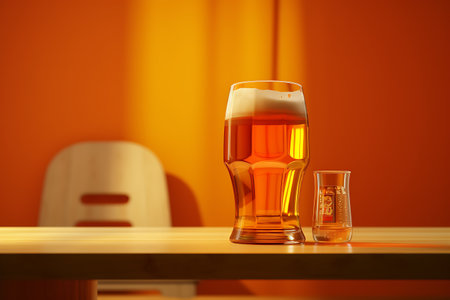 Glass of beer on a wooden table in a room with a chair ai generatedの素材