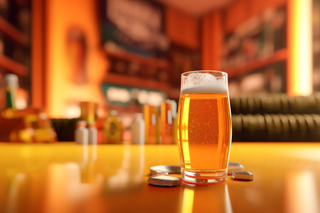 glass of beer on the table in a pub with a blurred background ai generatedの素材