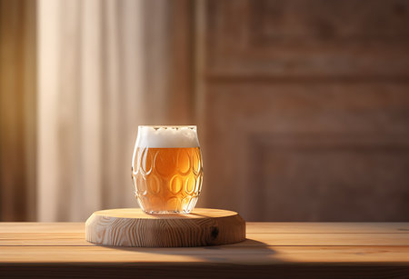 Glass of light beer on wooden table in front of blurred background ai generatedの素材