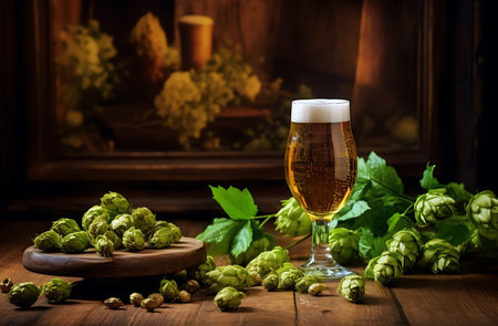 Glass of beer with hop cones and hops on a wooden background ai generatedの素材