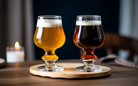 Two glasses of dark and light beer on a wooden table in a pub ai generatedの素材