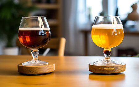 Two glasses of dark and light beer on a wooden table in a pub ai generatedの素材