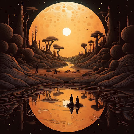 Fantasy landscape with man and woman on the lake ai generatedの素材