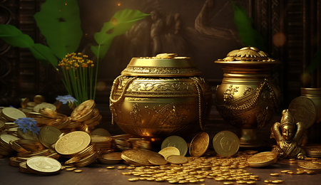 Golden pot with gold coins and flowers on wooden table in dark room ai generatedの素材