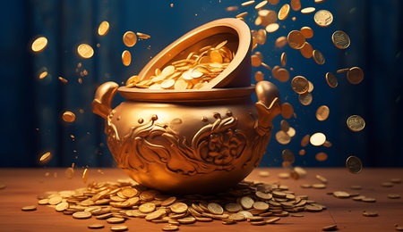 Golden pot full of gold coins on a wooden table and a blue background ai generatedの素材