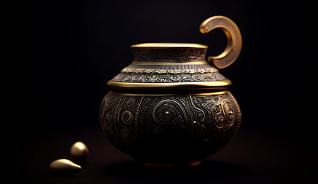 Vintage clay pot on a black background with golden hearts in it ai generatedの素材