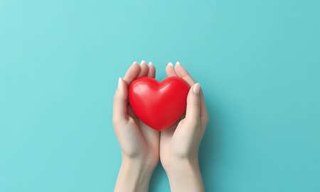 Female hands holding a red heart on a blue background ai generatedの素材