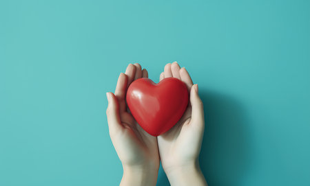 Female hands holding a red heart on a turquoise background ai generatedの素材