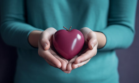 Woman's hands holding a red heart on grey background, closeup ai generatedの素材