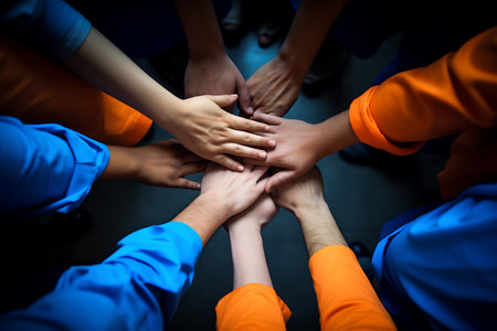 Close-up of a group of people putting their hands together ai generatedの素材
