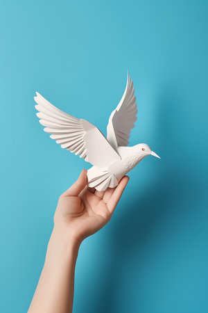 Hand holding white dove on blue background ai generatedの素材