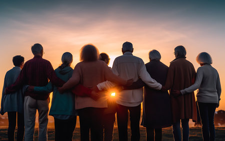 Group of senior people standing in a row and looking at the sunset ai generatedの素材