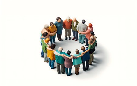 Group of diverse people standing in circle and supporting each other with hands together ai generatedの素材