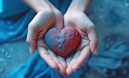 Female hands holding red heart on blue background ai generatedの素材