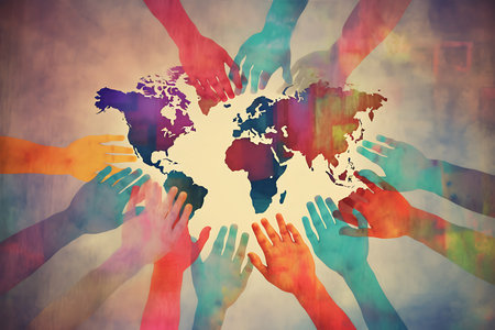 Hands holding world map in grunge background ai generatedの素材
