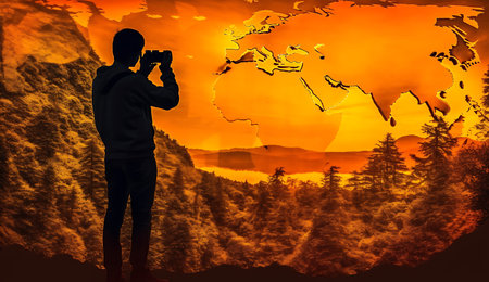 Silhouette of photographer with binoculars on the background of the world map ai generatedの素材