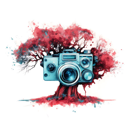 Watercolor illustration of a stylized photo camera with a tree in the background ai generatedの素材