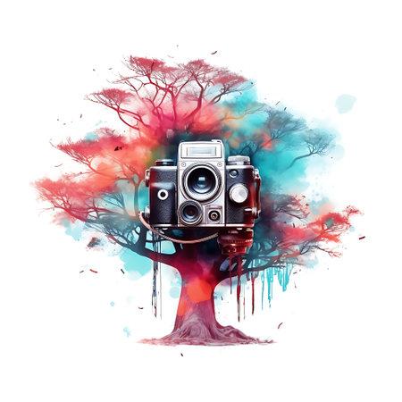 Watercolor illustration of an old camera in a tree with blood splashes ai generatedの素材