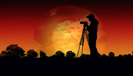 Silhouette of photographer with camera on sunset background ai generatedの素材
