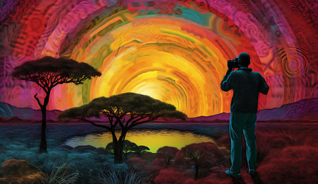 African landscape with a photographer taking pictures of the sunset and a tree ai generatedの素材