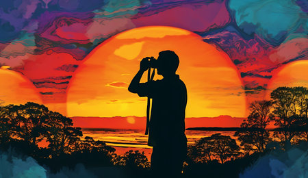 Silhouette of a photographer at sunset on the background of the sun ai generatedの素材