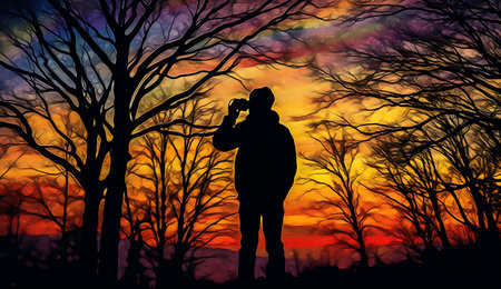 Silhouette of photographer in the forest at sunset ai generatedの素材