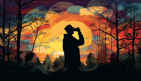 Silhouette of a photographer in the forest at sunset ai generatedの素材