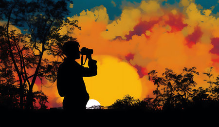 Silhouette of photographer with camera on nature background ai generatedの素材