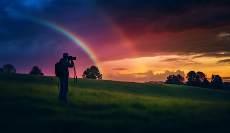 Photographer with a camera on the background of the rainbow in the sky ai generatedの素材