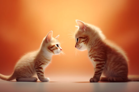 Two kittens looking at each other on orange background ai generatedの素材