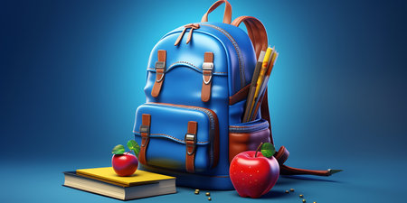 Blue school backpack with books and apples on blue background ai generatedの素材