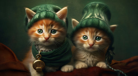 Two cute kittens in a green Christmas hat on a dark background ai generatedの素材