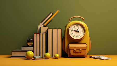 A yellow backpack with books, books and alarm clock ai generatedの素材