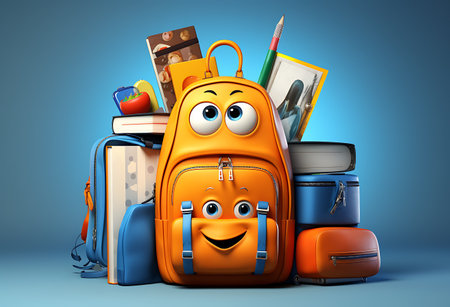 Cartoon school backpack with books and pencils ai generatedの素材
