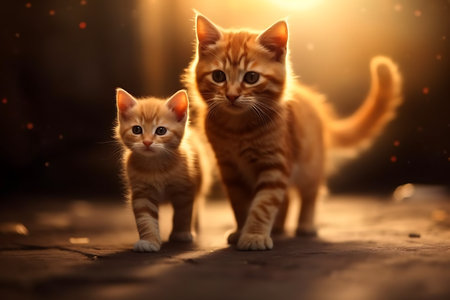 Two red kittens standing on the floor and looking at the camera ai generatedの素材
