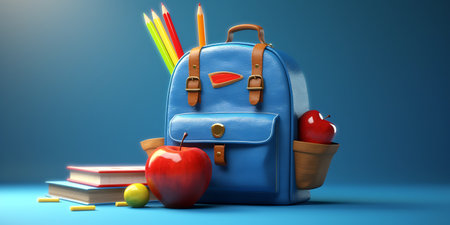 Back to school concept with blue backpack, apple and books on blue background ai generatedの素材
